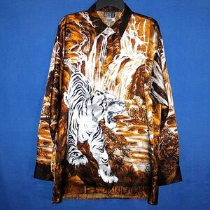 TRUST Vintage White Tiger Waterfall Print Shirt L
